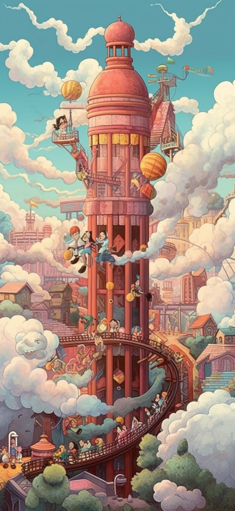 高塔过山车六一儿童节游乐园城堡天空云朵梦幻奇幻建筑插画,插画/手绘图,插画/手绘图库,插画/手绘图下载,插画/手绘